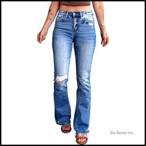 Ripped Flared Jeans Stretchy Denim Pants Bootcut Retro Y2K Chic